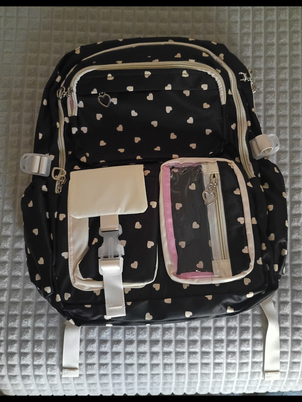 NEW SAIERNA 3-Piece Kids Backpack Set Black Hearts School Bag Lunch Tote Pencil